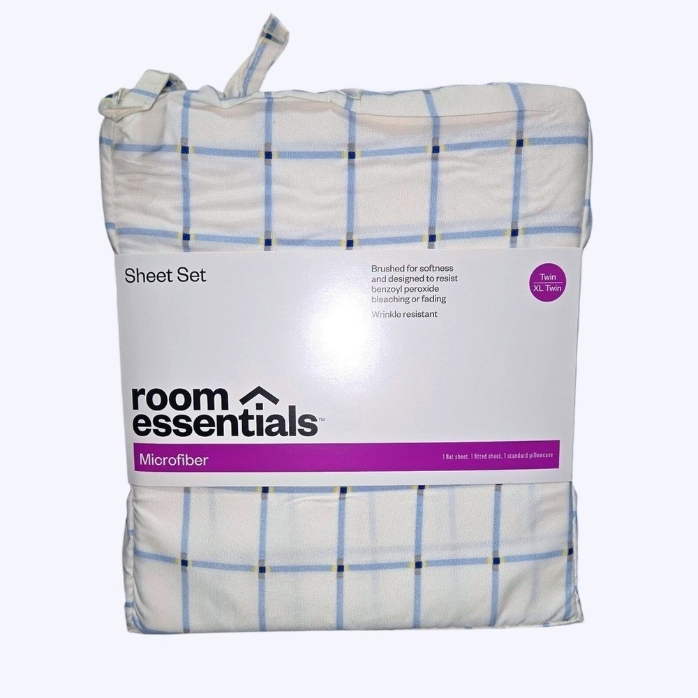 Room Essentials Twin/Twin XL Sheet Set Microfiber Blue White Plaid 3pc New‎